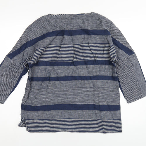 Paul Costelloe Womens Blue Striped Linen Basic T-Shirt Size 10 Round Neck