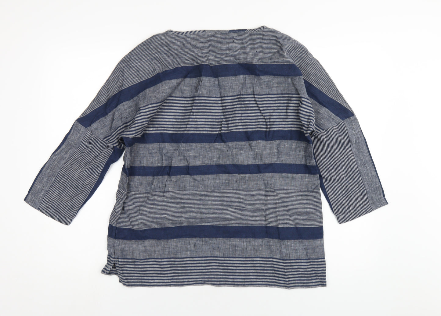 Paul Costelloe Womens Blue Striped Linen Basic T-Shirt Size 10 Round Neck
