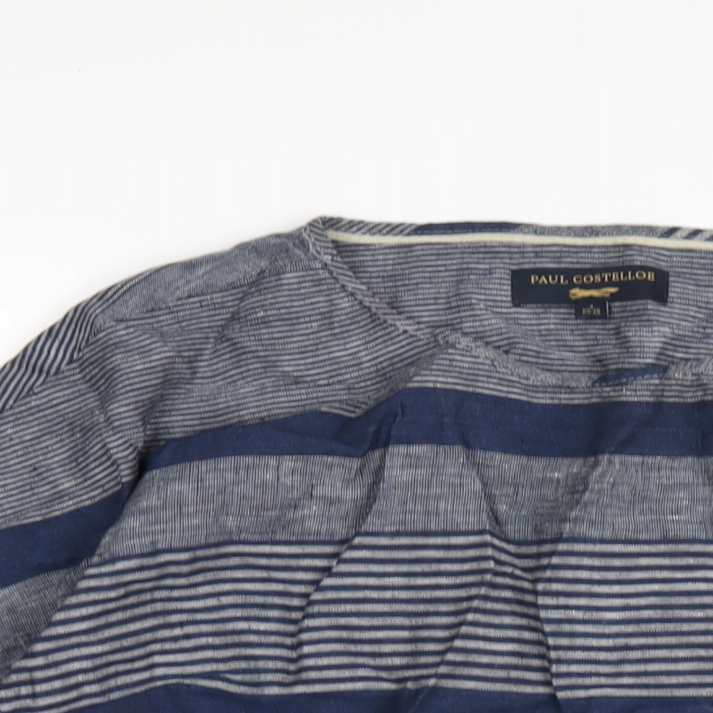 Paul Costelloe Womens Blue Striped Linen Basic T-Shirt Size 10 Round Neck