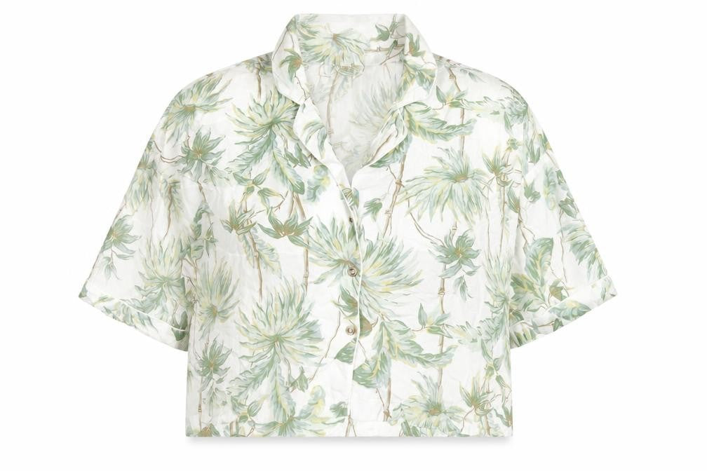 Front view of Topshop women’s multicoloured geometric viscose cropped button-up, size S, collared