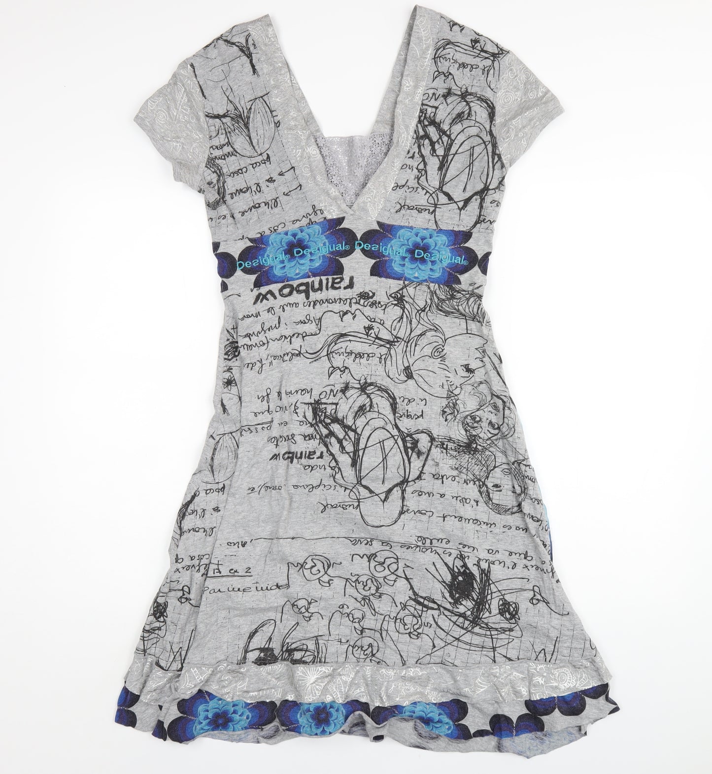 Desigual Womens Grey Geometric Cotton A-Line Size M V-Neck Pullover