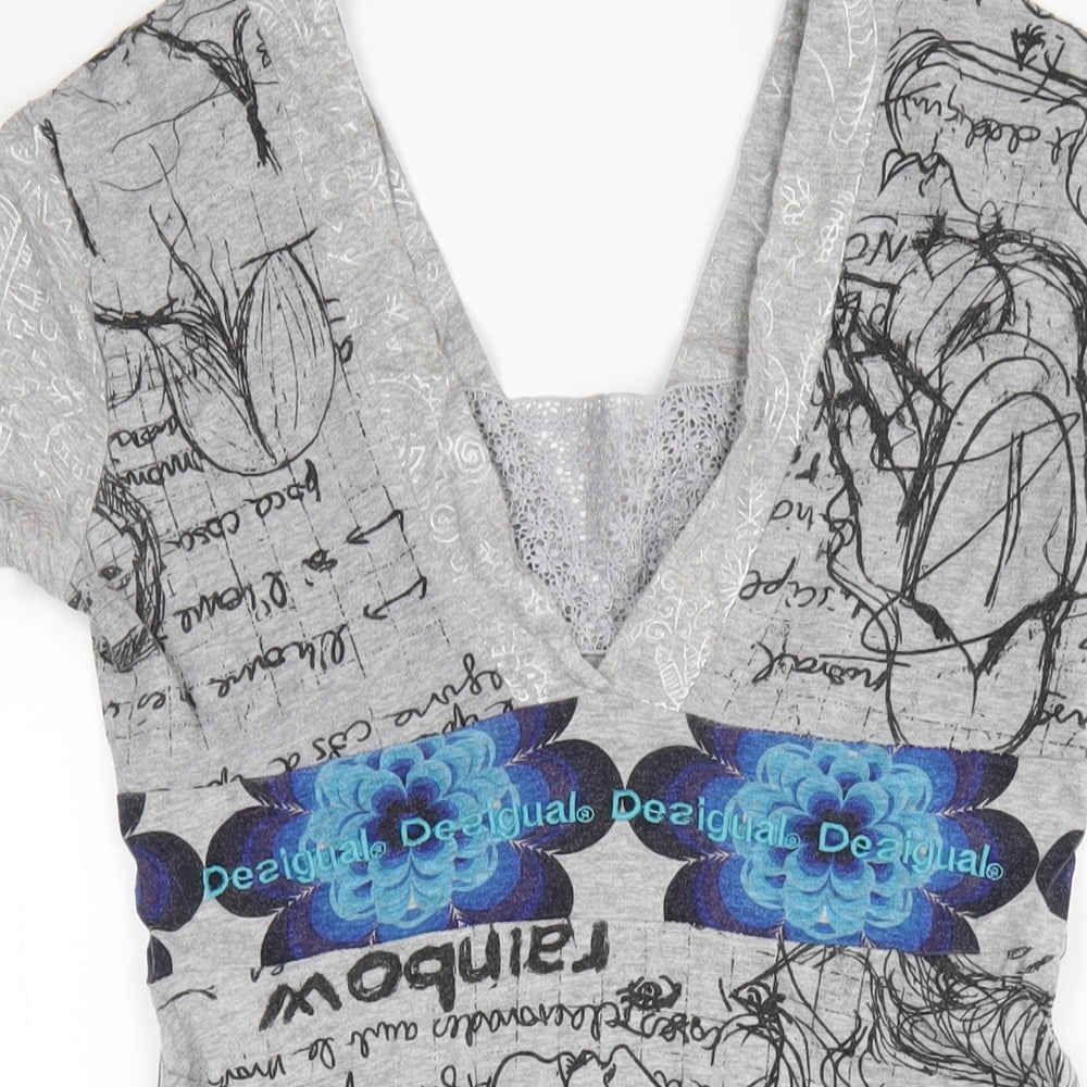 Desigual Womens Grey Geometric Cotton A-Line Size M V-Neck Pullover