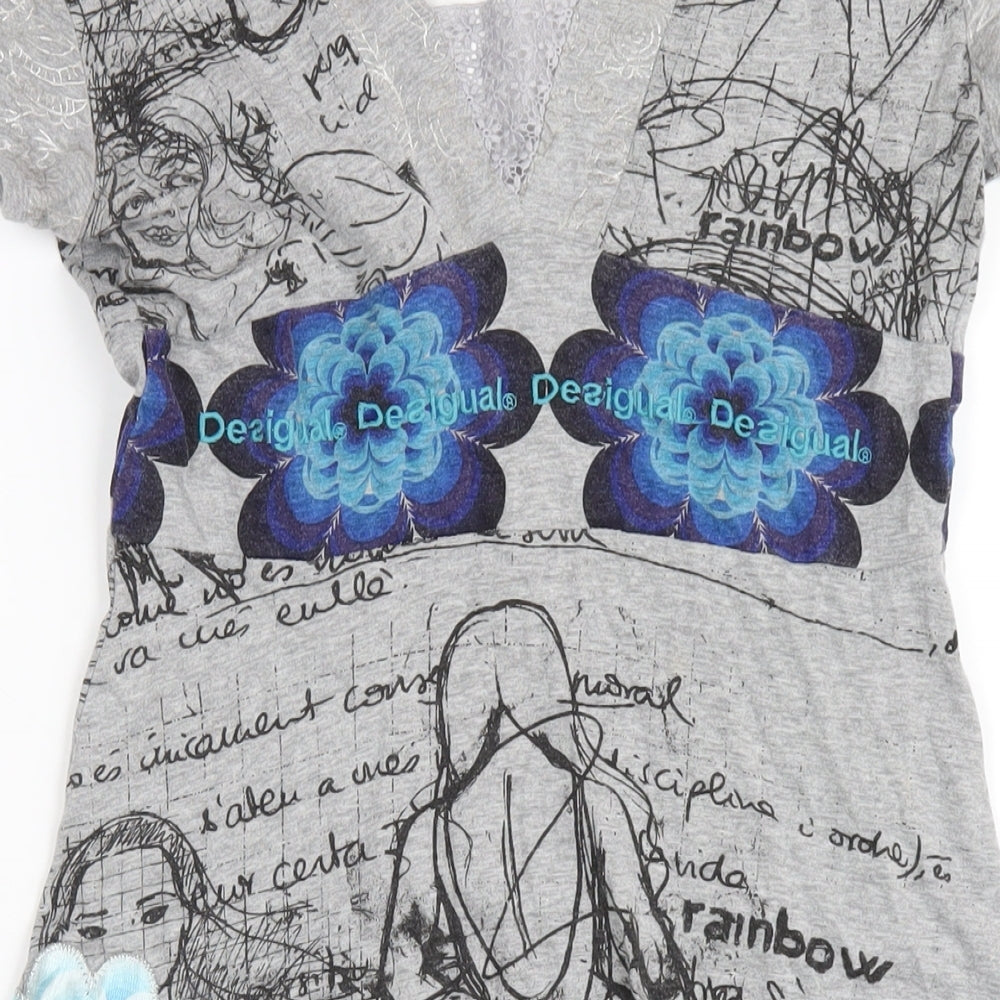 Desigual Womens Grey Geometric Cotton A-Line Size M V-Neck Pullover