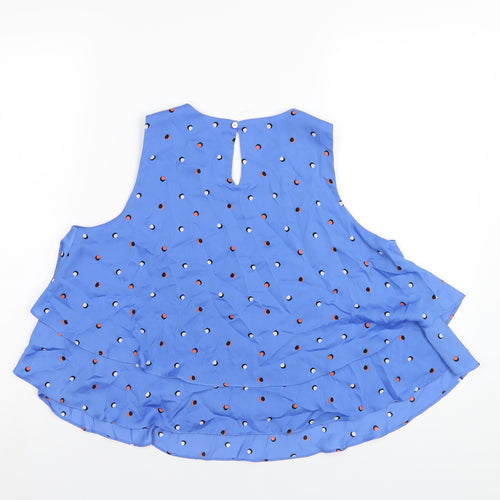 Zara Womens Blue Geometric Polyester Basic Tank Size M Round Neck