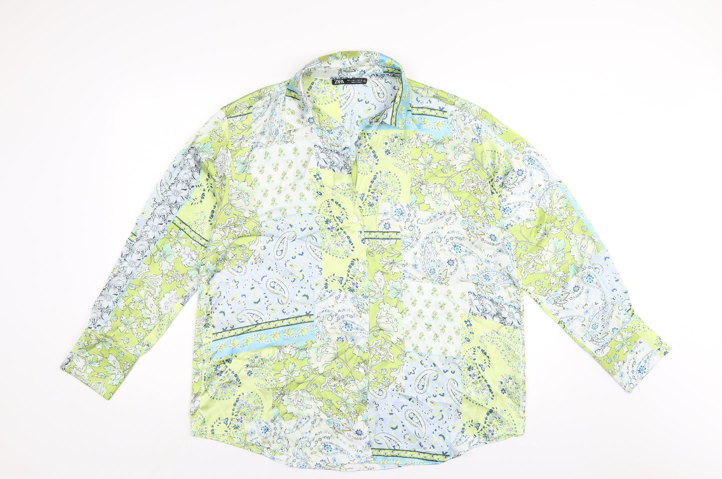 Zara Womens Green Geometric Polyester Basic Button-Up Size L Collared