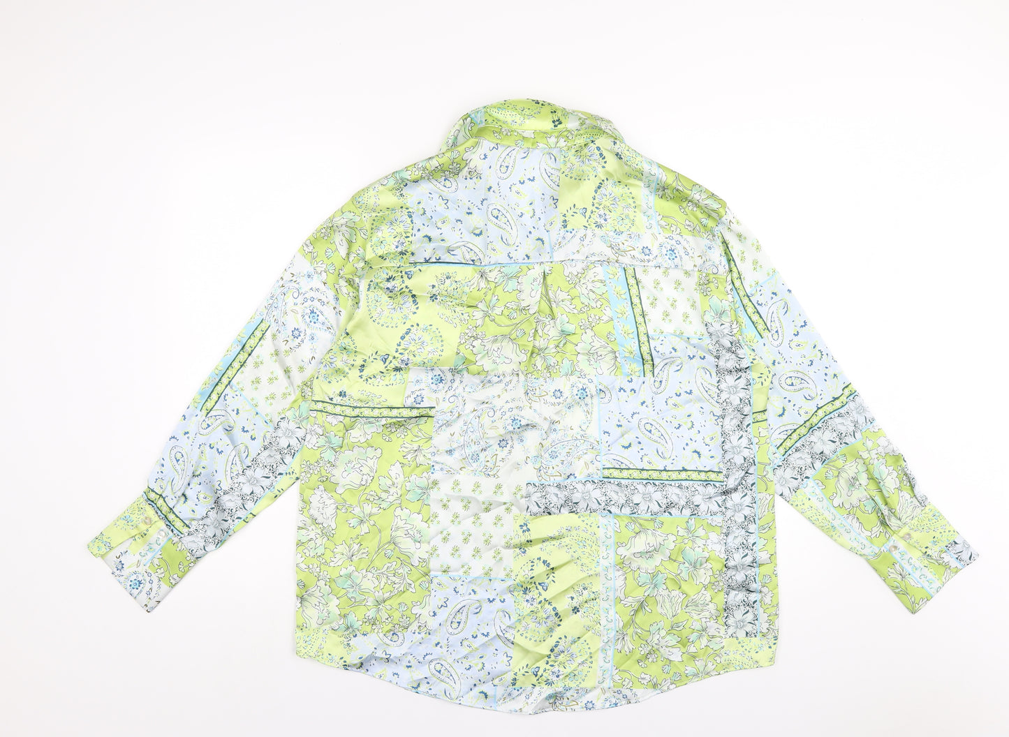 Zara Womens Green Geometric Polyester Basic Button-Up Size L Collared