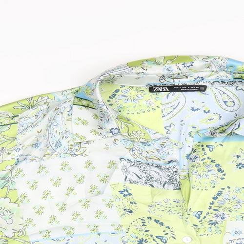Zara Womens Green Geometric Polyester Basic Button-Up Size L Collared