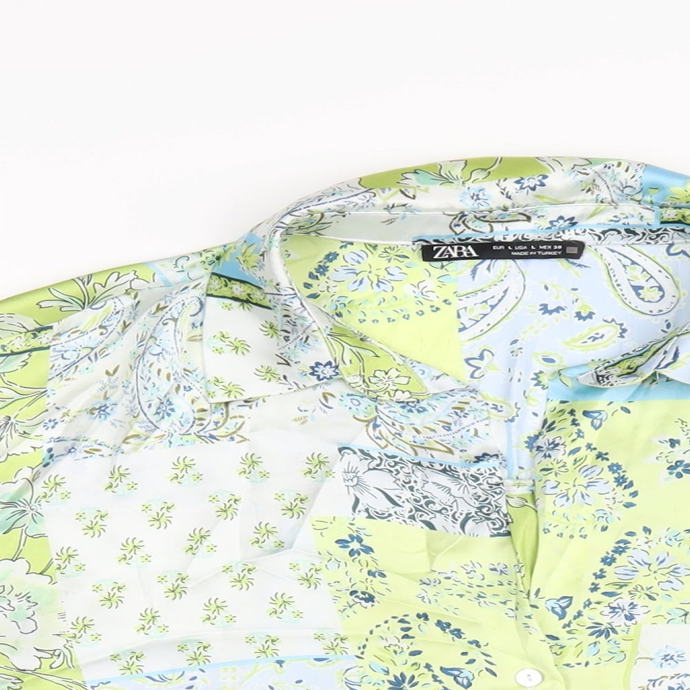 Zara Womens Green Geometric Polyester Basic Button-Up Size L Collared