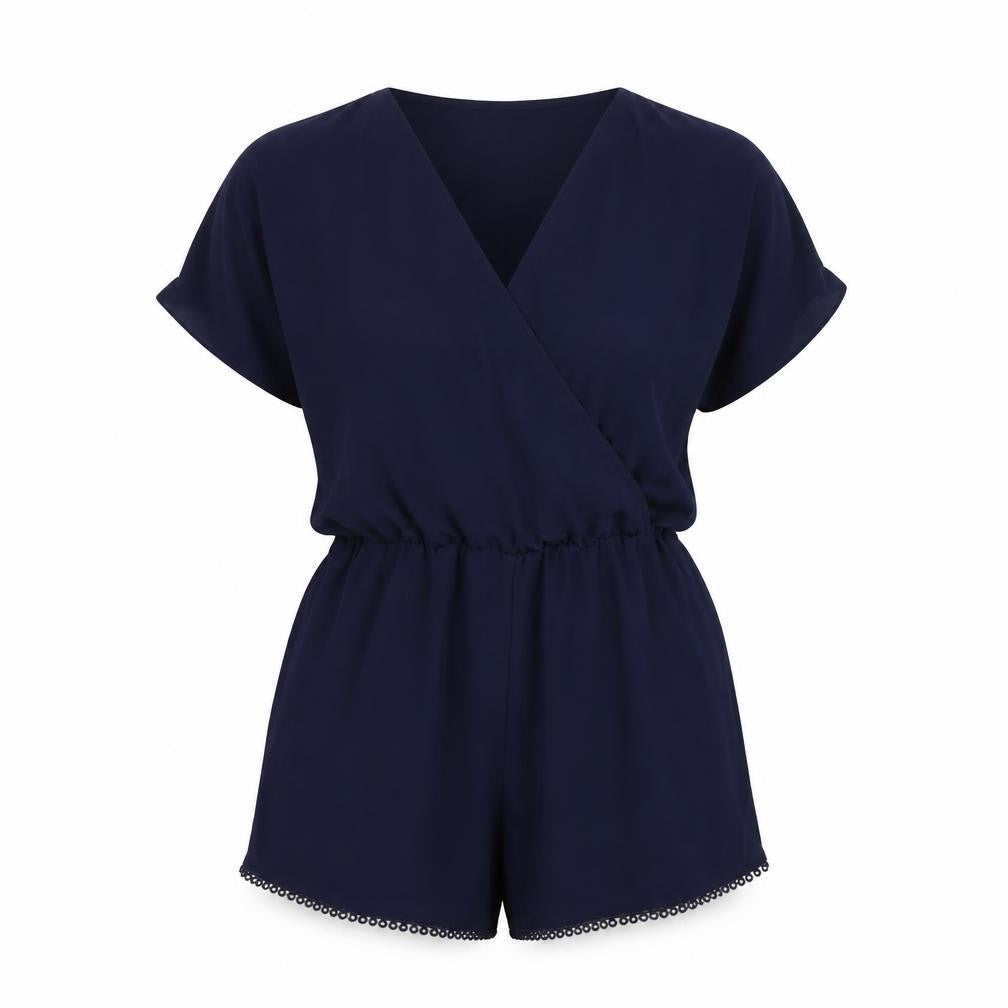 Front view of H&M women’s blue polyester playsuit one-piece, size UK 12, pullover