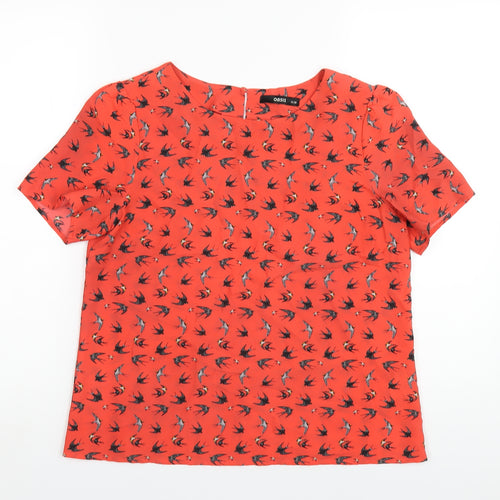 Oasis Womens Red Geometric Polyester Basic T-Shirt Size 12 Round Neck