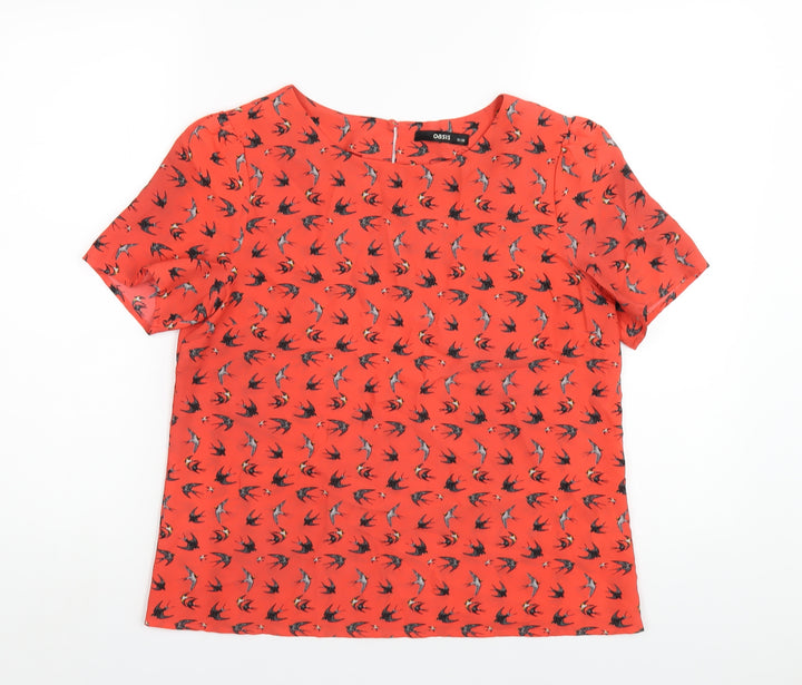 Oasis Womens Red Geometric Polyester Basic T-Shirt Size 12 Round Neck