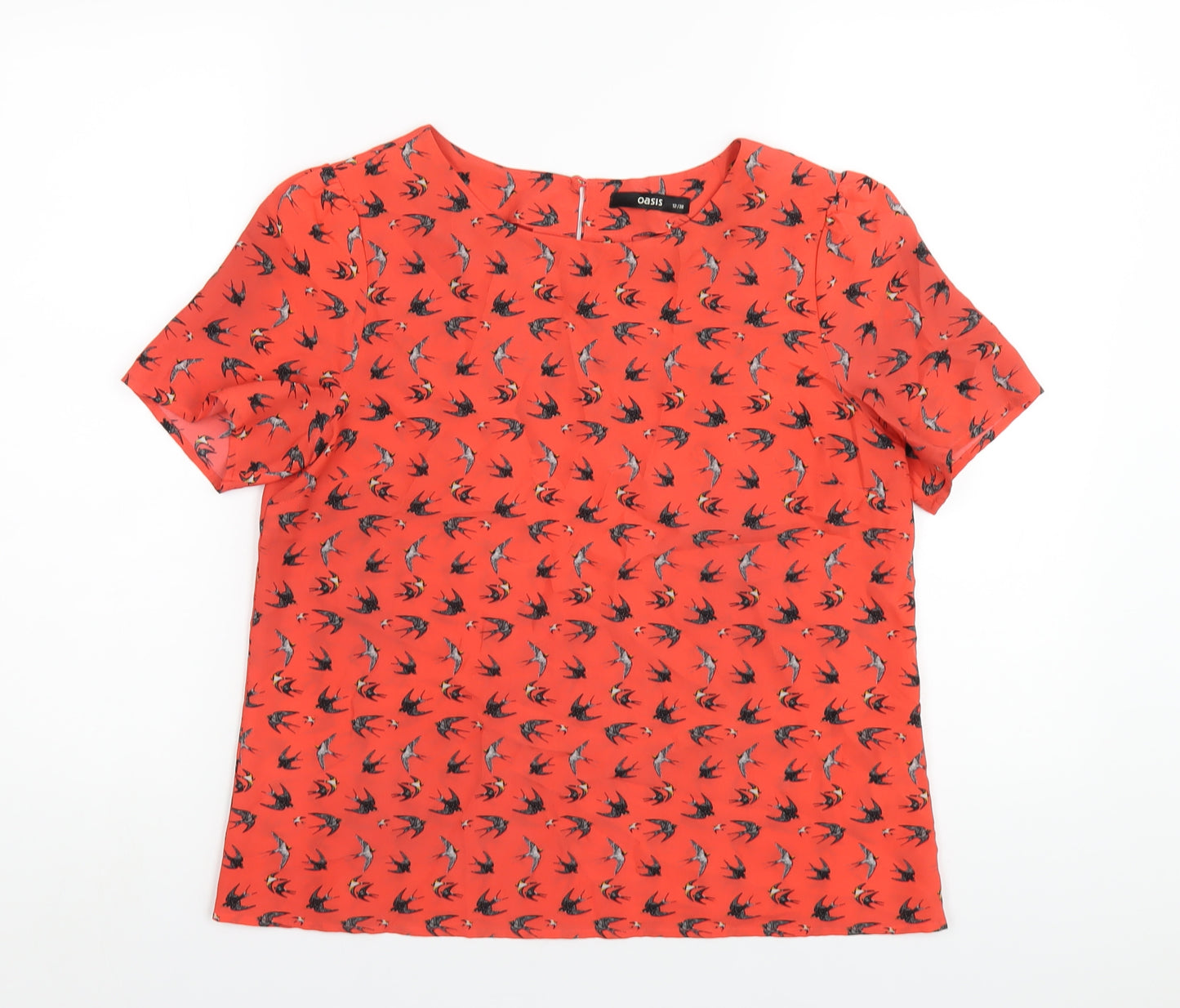 Oasis Womens Red Geometric Polyester Basic T-Shirt Size 12 Round Neck