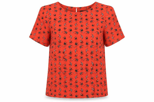Front view of Oasis women’s red geometric polyester basic t-shirt, size UK 12, round neck
