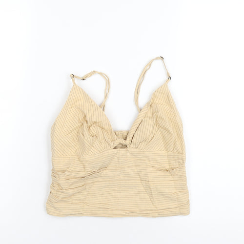 Zara Womens Beige Striped Cotton Camisole T-Shirt Size S V-Neck