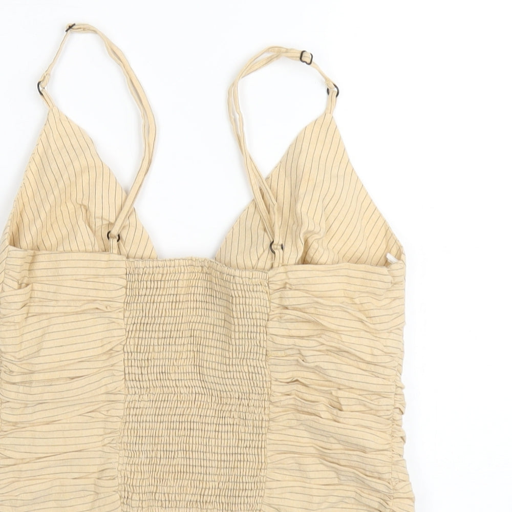 Zara Womens Beige Striped Cotton Camisole T-Shirt Size S V-Neck