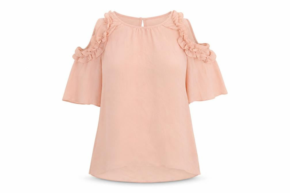 Front view of River Island women’s pink polyester basic t-shirt, size UK 10, round neck