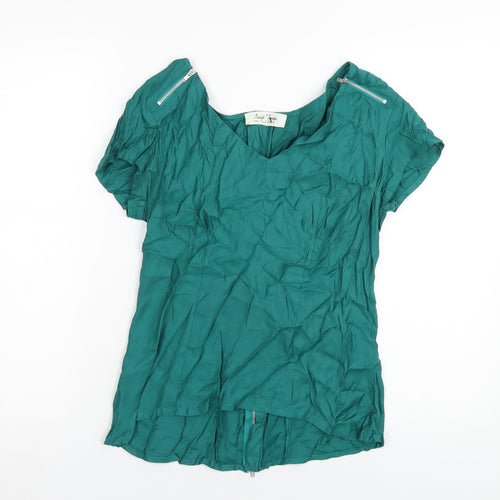 Oasis Womens Green Viscose Basic T-Shirt Size 14 V-Neck