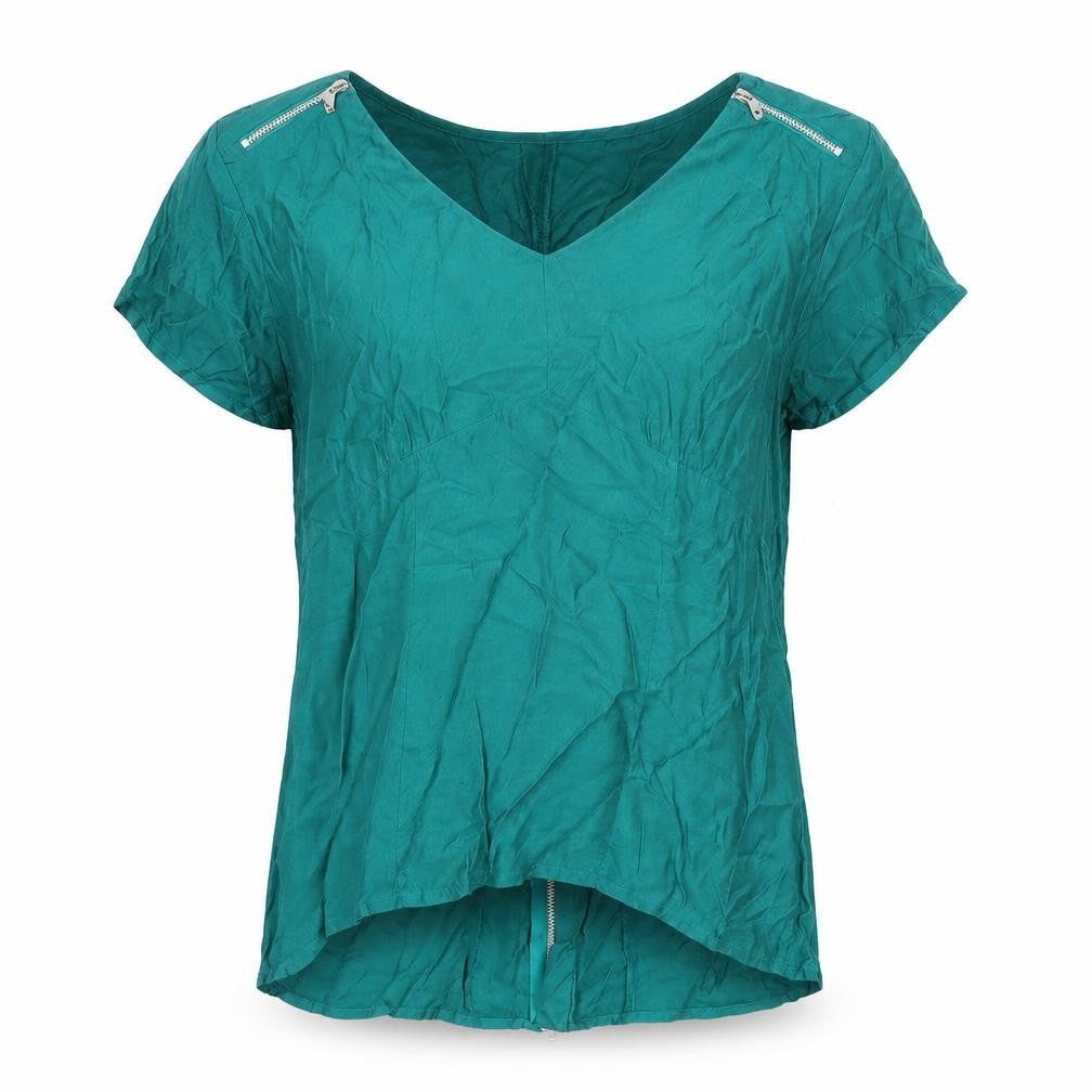 Front view of Oasis women’s green viscose basic t-shirt, size UK 14, v-neck
