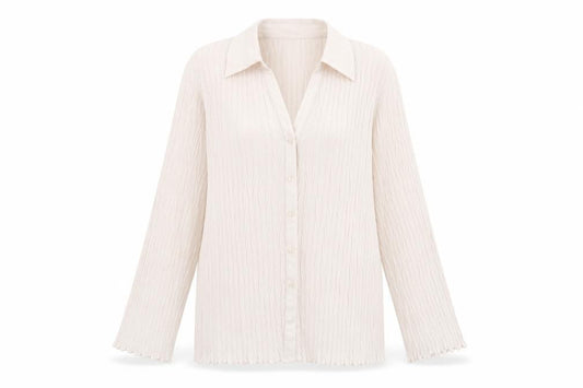 Front view of Nicola women’s ivory polyester basic button-up, size M, collared