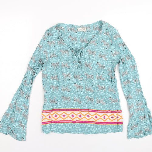 Sugarhill Womens Blue Geometric Viscose Basic T-Shirt Size 10 V-Neck