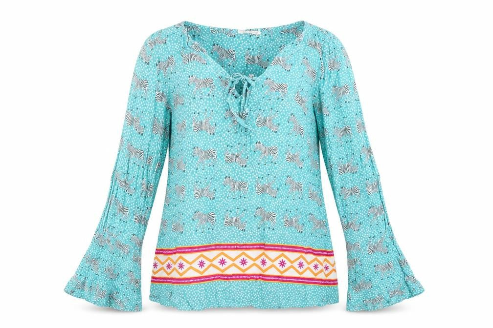 Front view of Sugarhill women’s blue geometric viscose basic t-shirt, size UK 10, v-neck