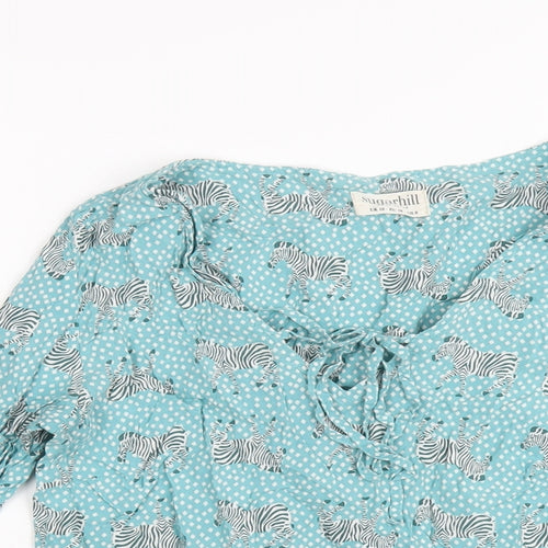Sugarhill Womens Blue Geometric Viscose Basic T-Shirt Size 10 V-Neck