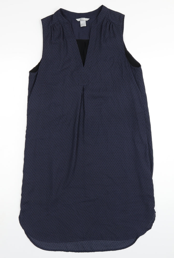 H&M Womens Blue Geometric Polyester A-Line Size 8 V-Neck Pullover