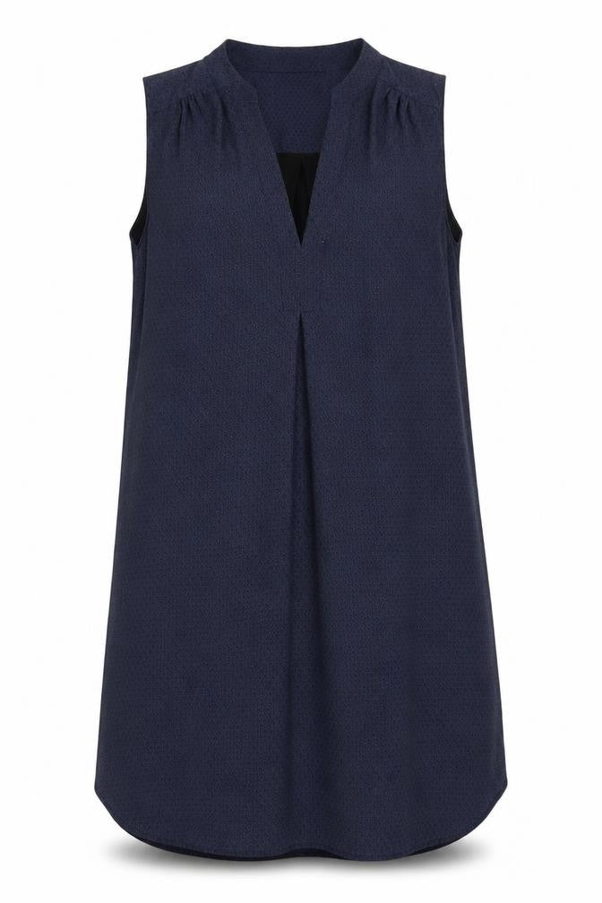 Front view of H&M women’s blue geometric polyester a-line, size UK 8, v-neck pullover