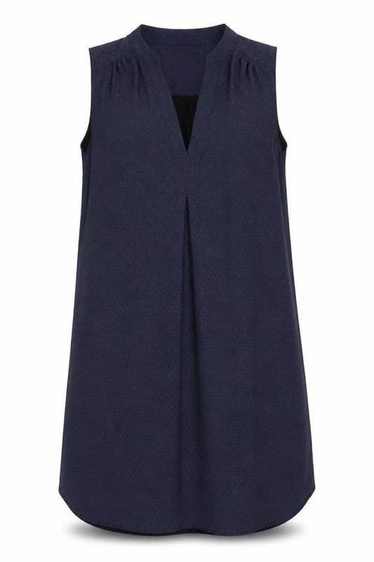 Front view of H&M women’s blue geometric polyester a-line, size UK 8, v-neck pullover