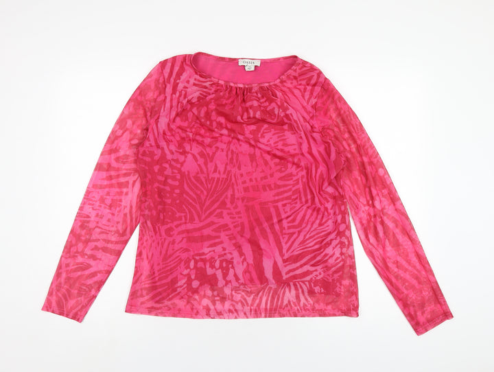 Oasis Womens Pink Geometric Polyester Basic T-Shirt Size L Round Neck