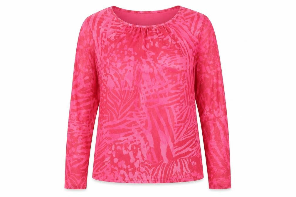 Front view of Oasis women’s pink geometric polyester basic t-shirt, size L, round neck