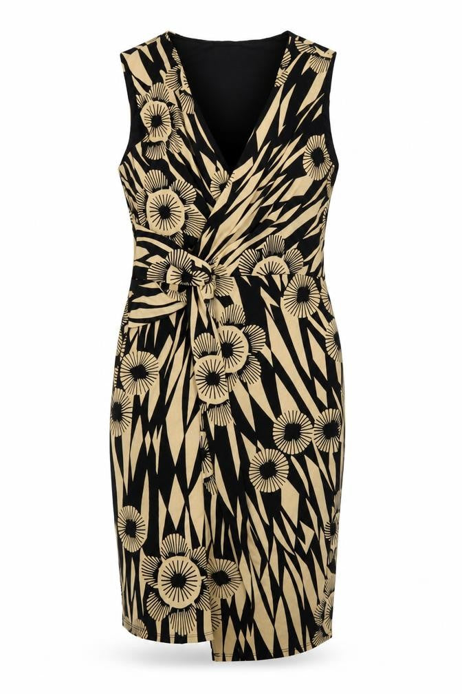 Front view of Wallis women’s beige geometric polyester bodycon, size UK 14, v-neck pullover