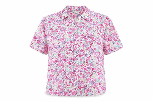 Front view of Marks & Spencer women’s multicoloured floral cotton basic button-up, size UK 12, collared