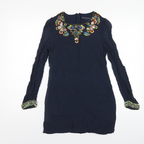 French Connection Womens Blue Silk A-Line Size S Round Neck Zip