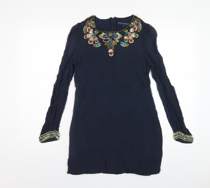 French Connection Womens Blue Silk A-Line Size S Round Neck Zip