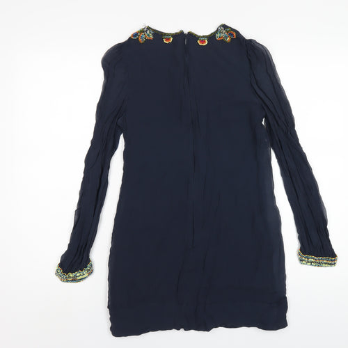 French Connection Womens Blue Silk A-Line Size S Round Neck Zip