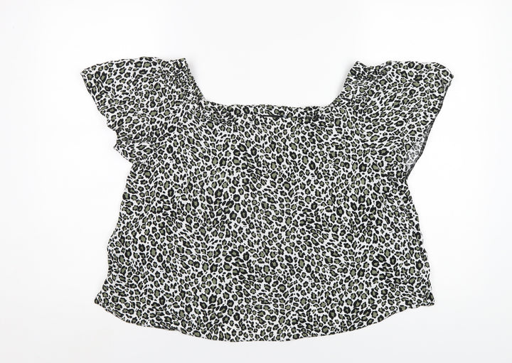 New Look Womens Green Animal Print Viscose Basic T-Shirt Size 12 Square Neck