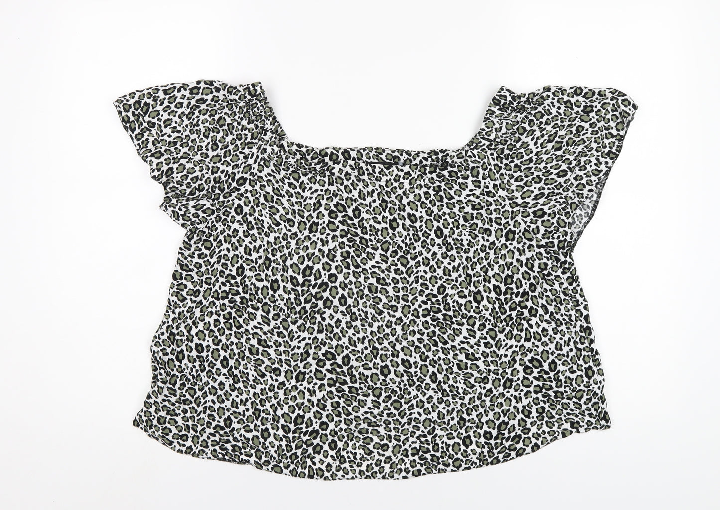 New Look Womens Green Animal Print Viscose Basic T-Shirt Size 12 Square Neck