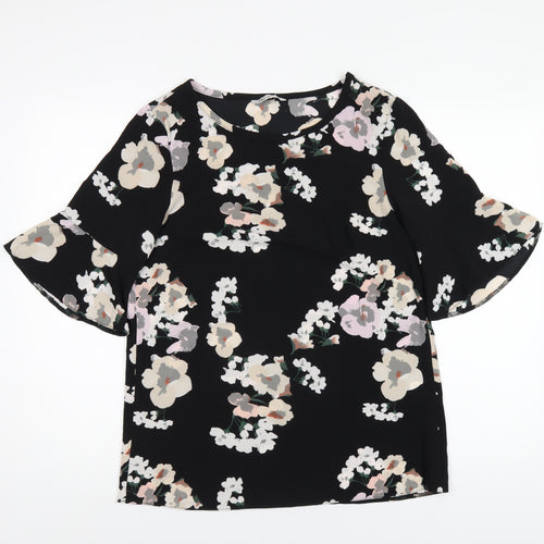 Tru Collection Womens Black Floral Polyester Basic T-Shirt Size 12 Round Neck