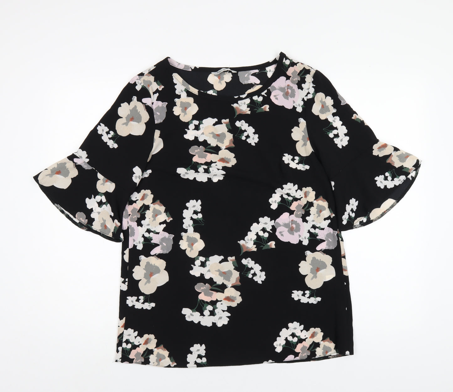 Tru Collection Womens Black Floral Polyester Basic T-Shirt Size 12 Round Neck