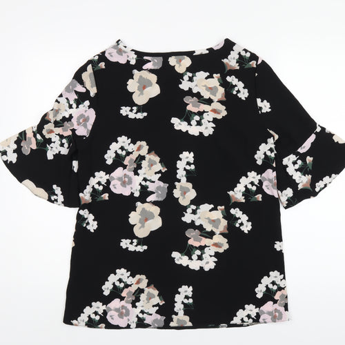 Tru Collection Womens Black Floral Polyester Basic T-Shirt Size 12 Round Neck