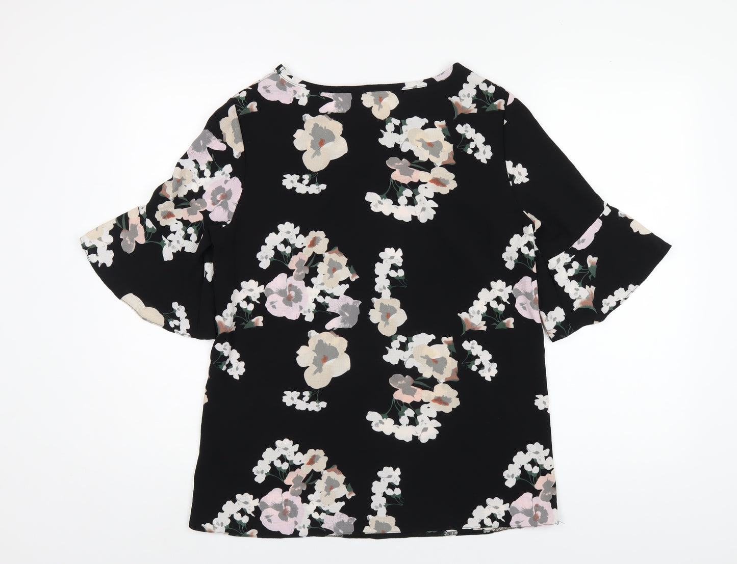 Tru Collection Womens Black Floral Polyester Basic T-Shirt Size 12 Round Neck