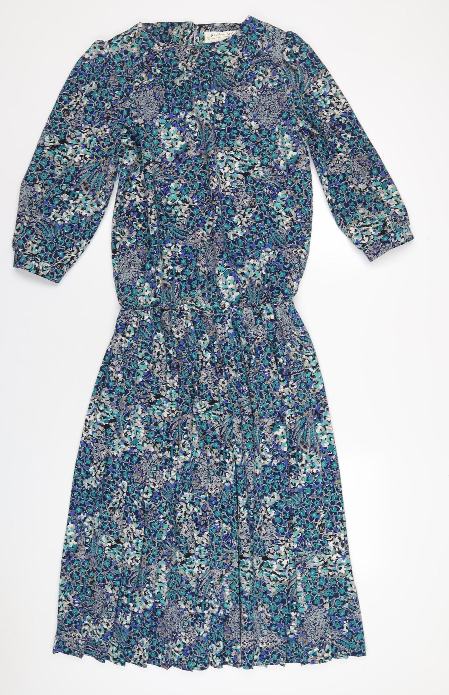 Berkertex Womens Blue Geometric Polyester A-Line Size 12 Round Neck Button