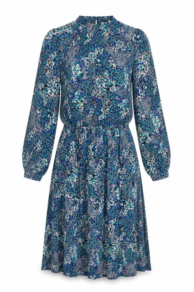 Front view of Berkertex women’s blue geometric polyester a-line, size UK 12, round neck button