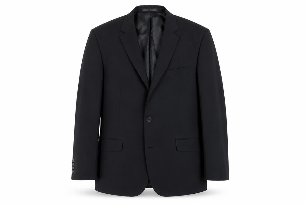 Front view of Tom English men’s black polyester jacket suit jacket, size 42, regular