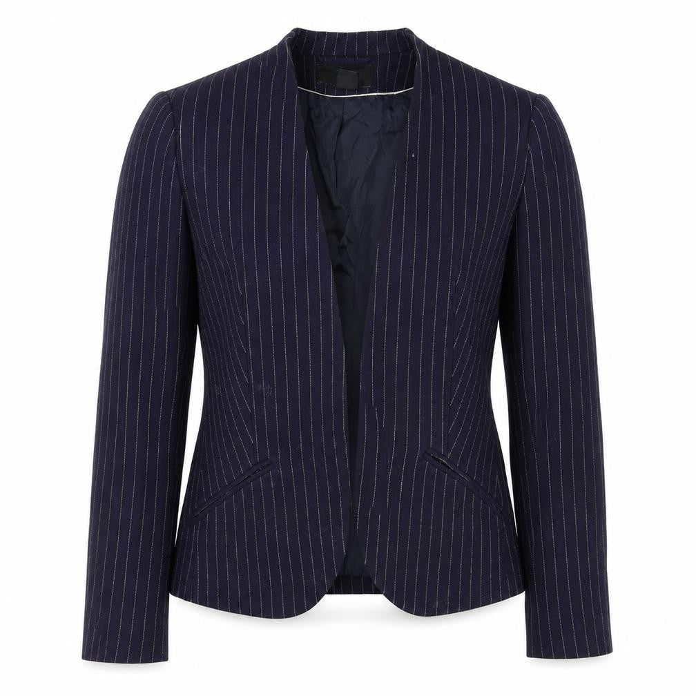 Front view of H&M women’s blue striped jacket blazer, size UK 8, - open