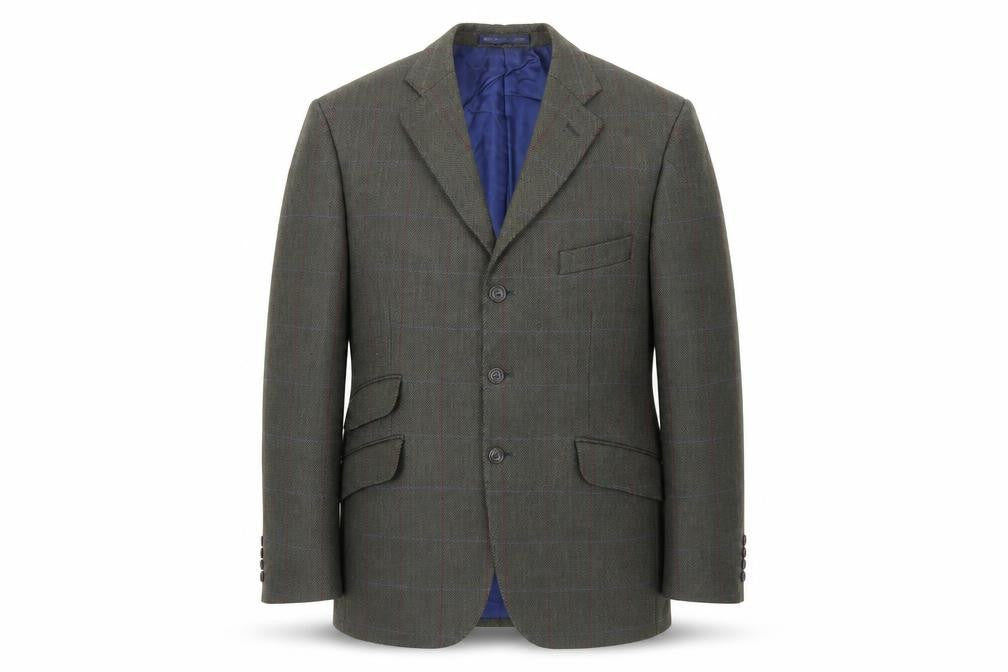 Front view of Marks & Spencer men’s green herringbone wool jacket blazer, size 40, regular