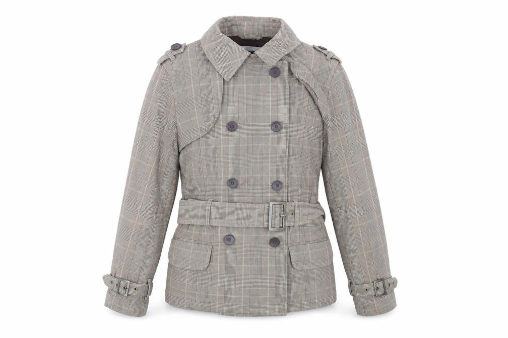Front view of Marks & Spencer women’s brown plaid jacket, size UK 8, button - belted