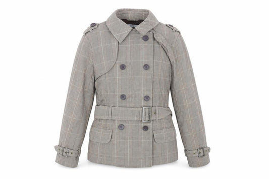 Front view of Marks & Spencer women’s brown plaid jacket, size UK 8, button - belted