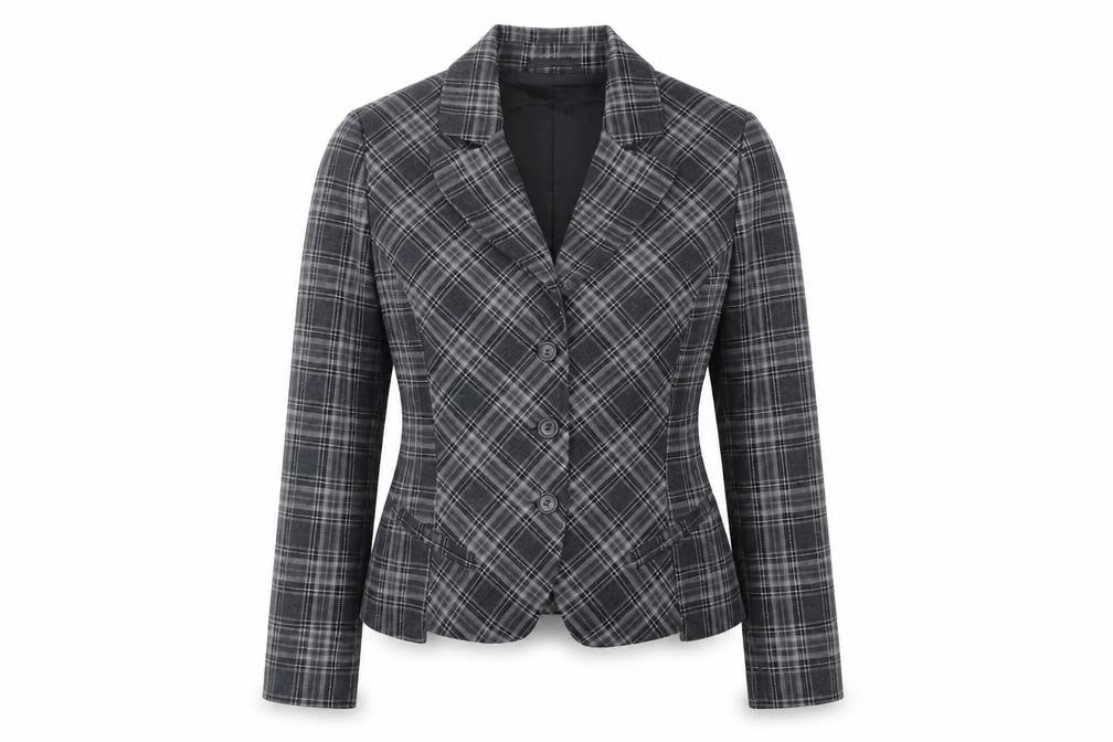 Front view of Avidita women’s grey plaid jacket blazer, size UK 14, button